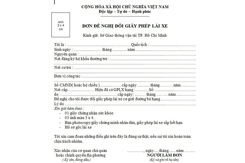 Mẫu Đơn xin cấp đổi giấy phép lái xe