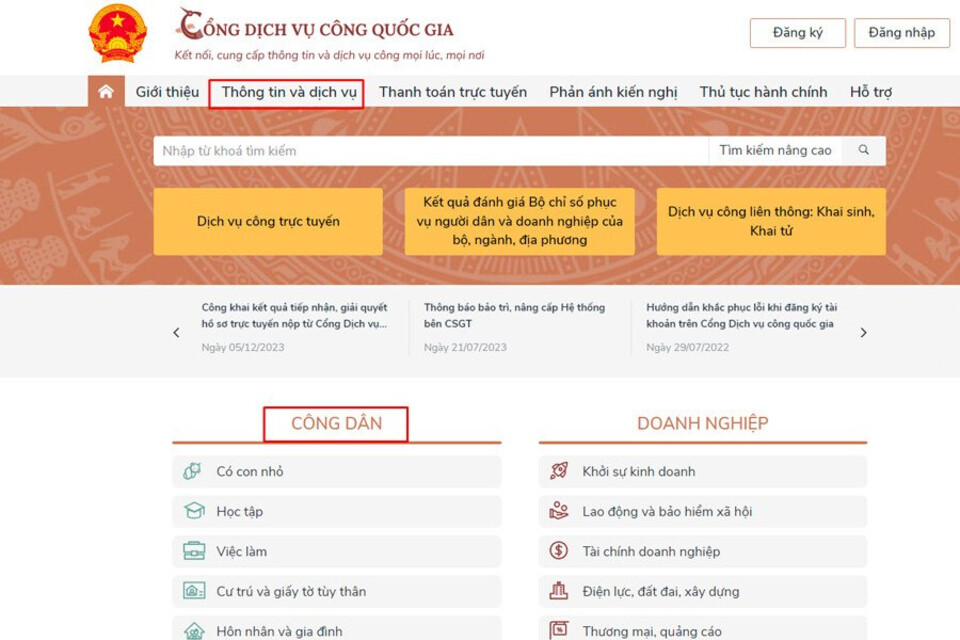 Chọn Thông tin và dịch vụ và chọn mục Công dân