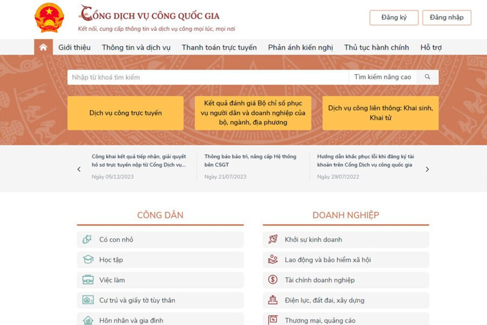 Truy cập trang web Cổng dịch vụ công quốc gia