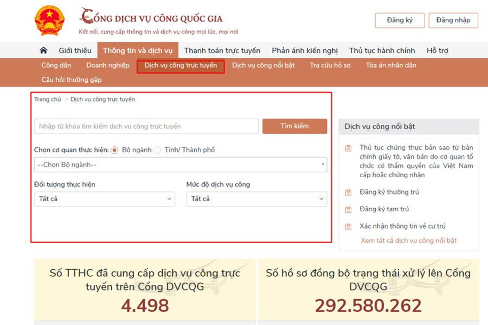 Chọn Dịch vụ công trực tuyến