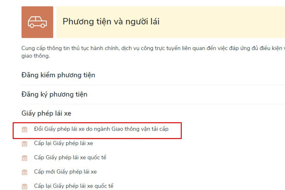 Chọn Đổi giấy phép lái xe do ngành Giao thông vận tải cấp