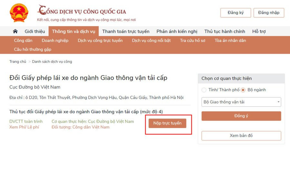 Chọn Nộp trực tuyến