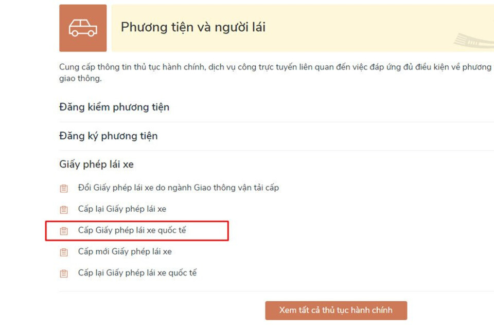 Chọn mục Cấp giấy phép lái xe quốc tế