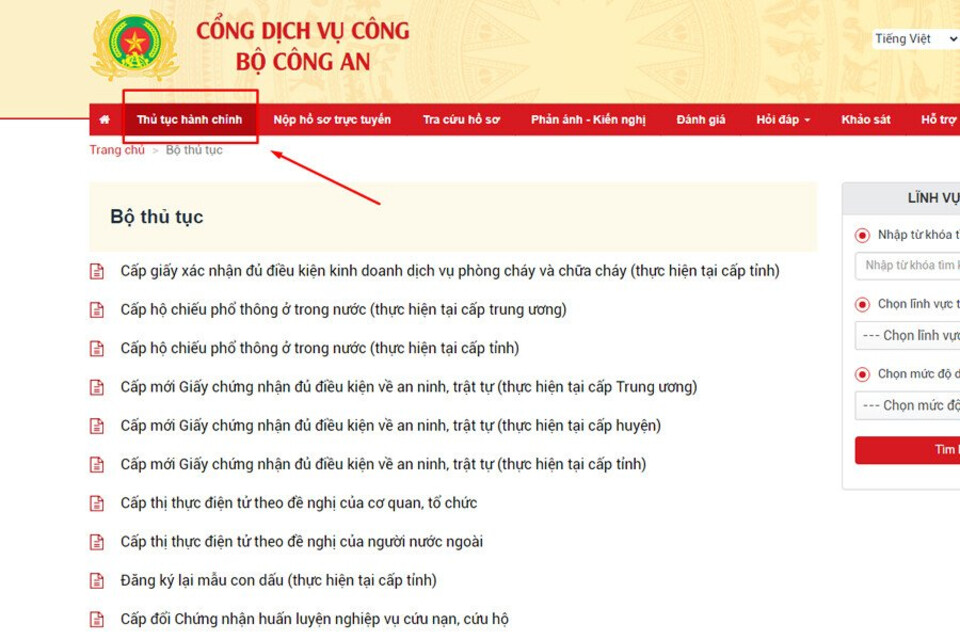 Chọn Thủ tục hành chính