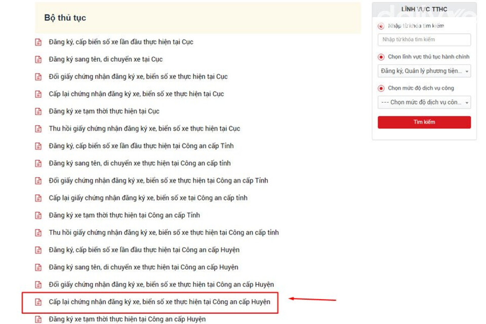 Chọn Cấp lại giấy chứng nhận đăng kí xe