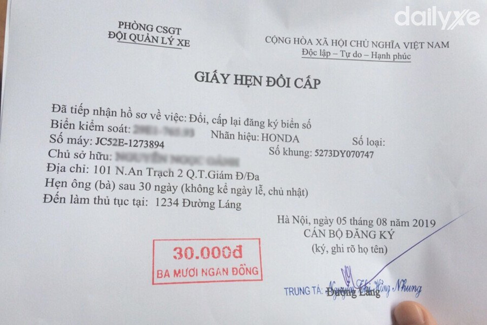 Giấy hẹn cấp lại giấy xe đã mất