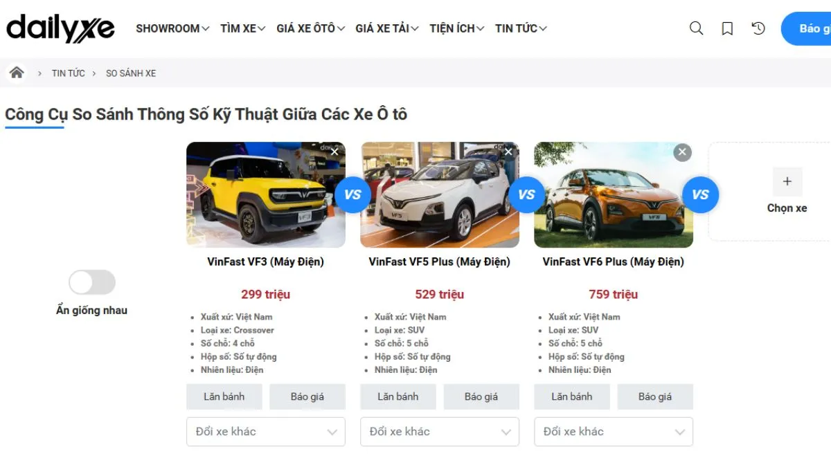 Công cụ so sánh xe trên DailyXe