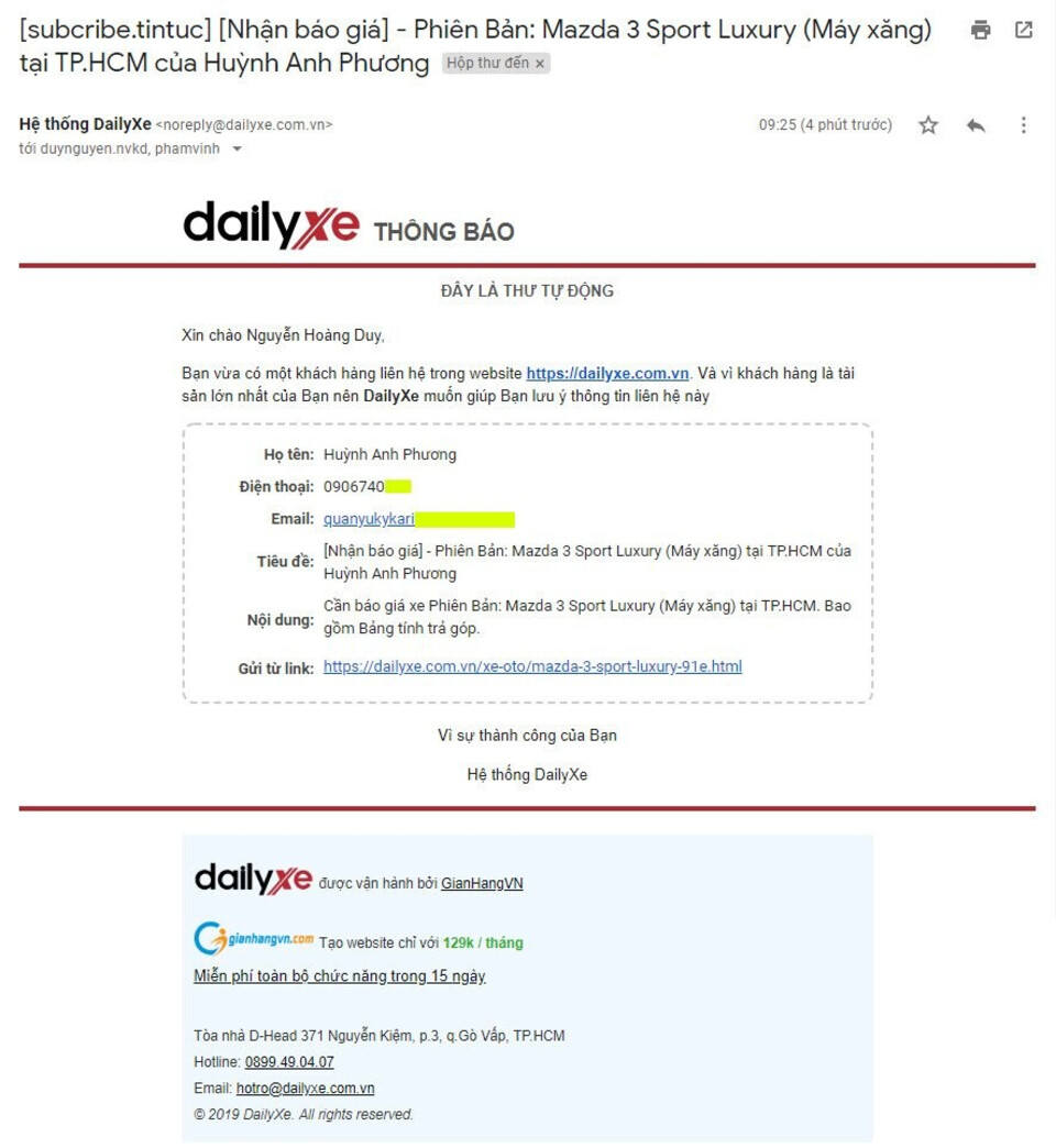 Email gửi báo giá