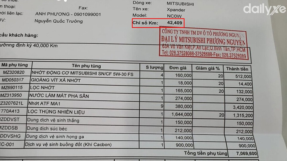 Số km ghi trên giấy bảo dưỡng