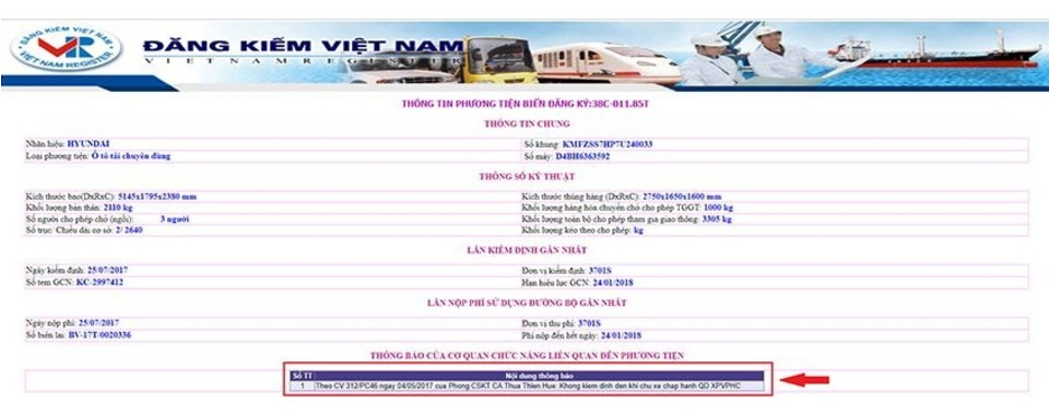 Nếu mục Thông báo của cơ quan chức năng hiển thị thông tin vi phạm, nghĩa là chủ phương tiện chưa hoàn thành nộp phạt nên sẽ bị từ chối đăng kiểm Nếu mục Thông báo của cơ quan chức năng hiển thị thông tin vi phạm, nghĩa là chủ phương tiện chưa hoàn thành nộp phạt nên sẽ bị từ chối đăng kiểm