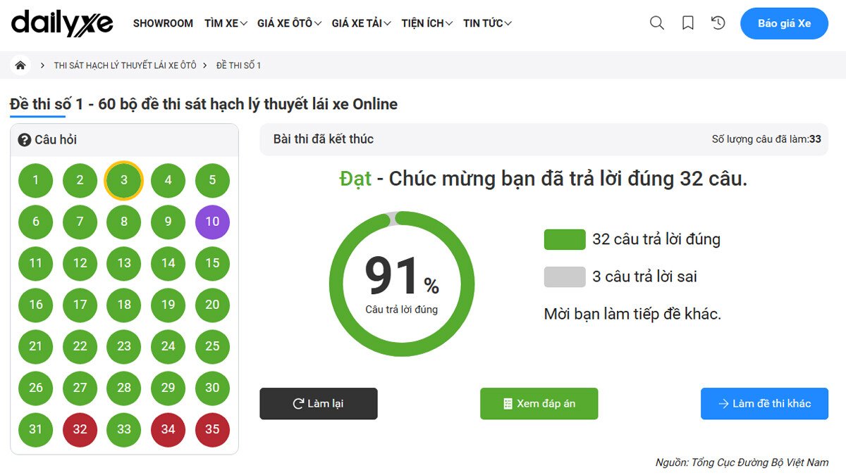 Thi lý thuyết bằng B2 cần đạt 32/35 câu hỏi