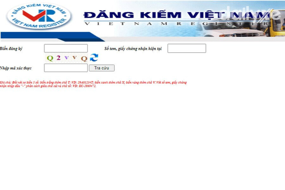Trang tra cứu đăng kiểm có giao diện