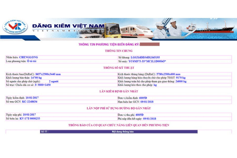 Kết quả thông tin tra cứu đăng kiểm