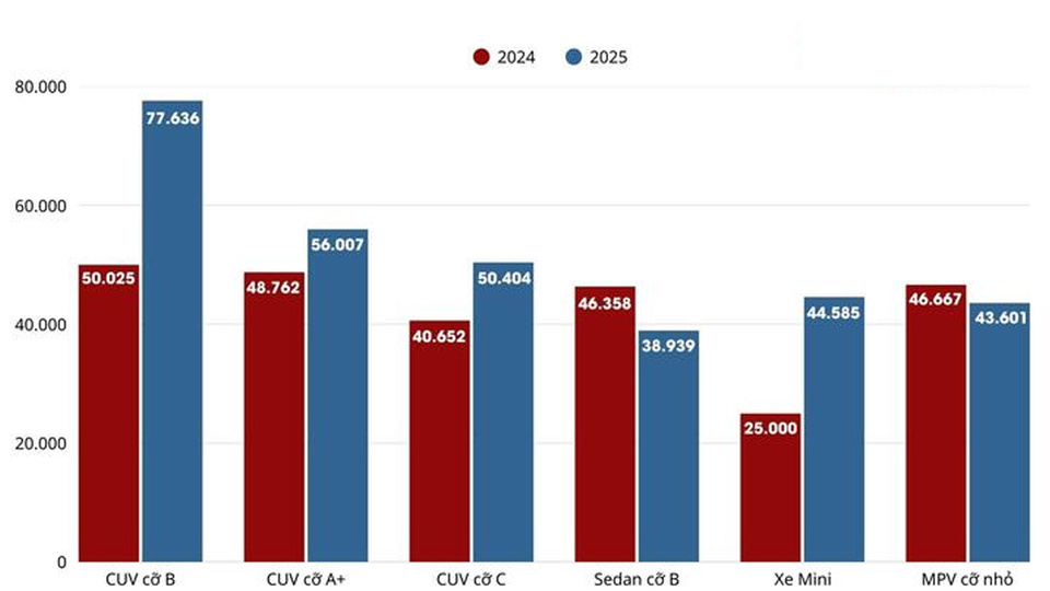 Biểu đồ nhóm ô tô người Việt mua nhiều nhất trong năm 2024 và năm 2025